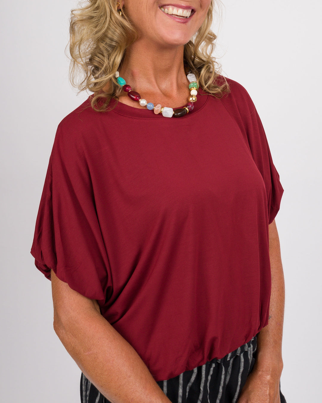 Wine Bamboo Bubble Sleeve Top