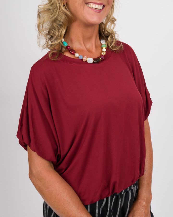 Wine Bamboo Bubble Sleeve Top
