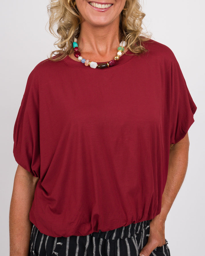 Wine Bamboo Bubble Sleeve Top