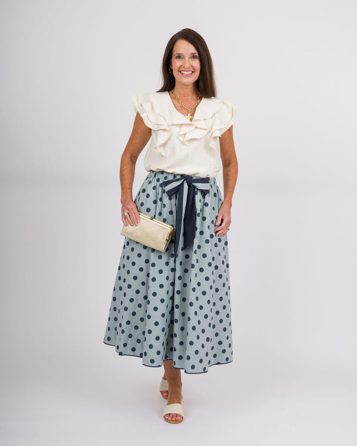 Polka Dot Maxi Skirt with Bow - Blue