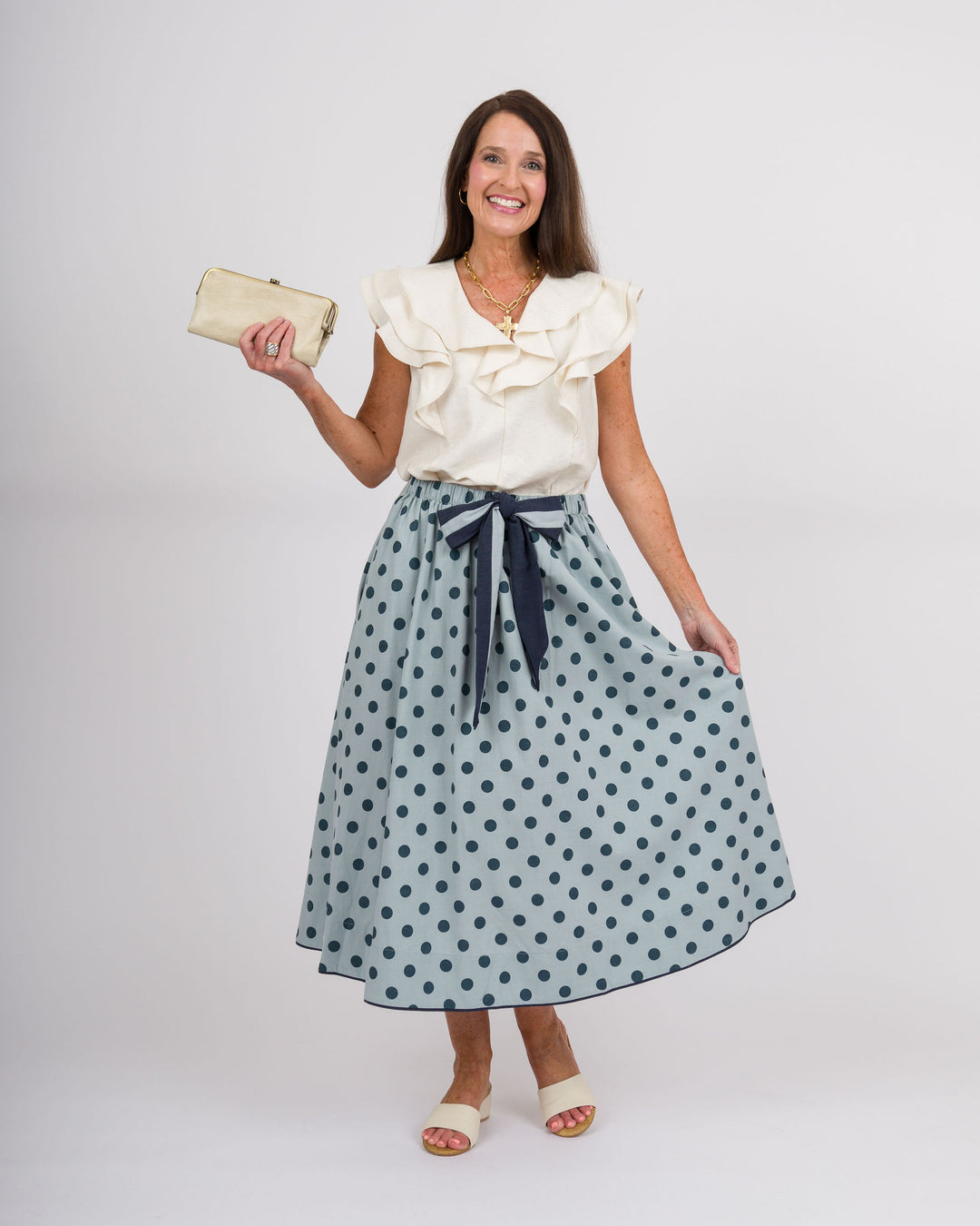 Polka Dot Maxi Skirt with Bow - Blue