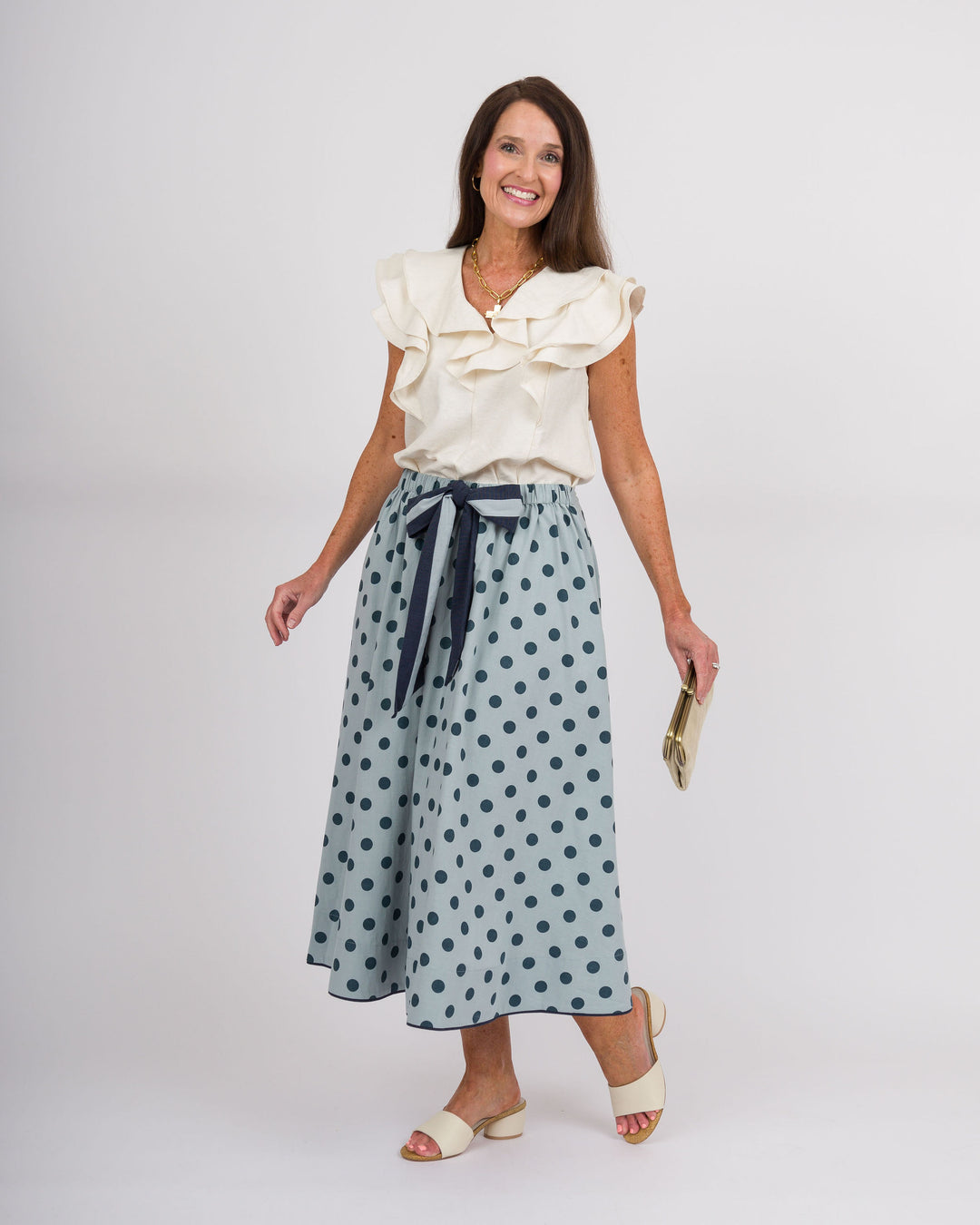 Polka Dot Maxi Skirt with Bow - Blue