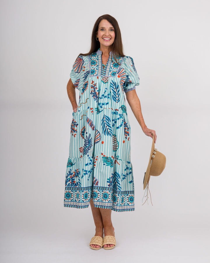 Blue Striped Aquatic Print Dress