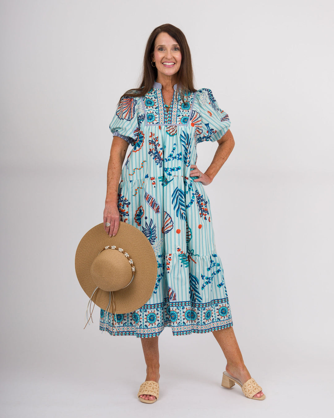 Blue Striped Aquatic Print Dress