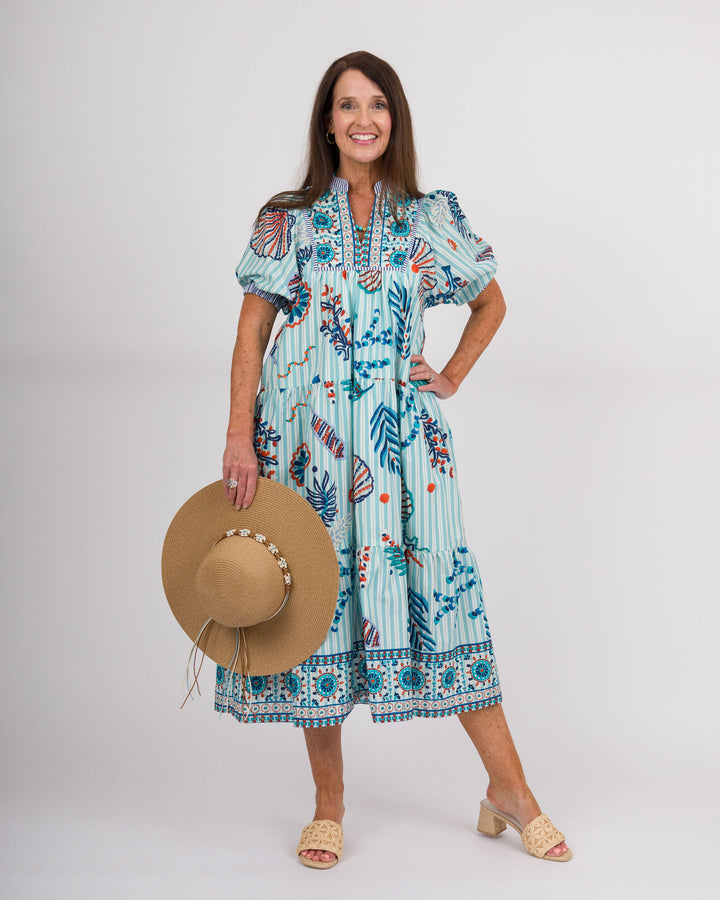 Blue Striped Aquatic Print Dress