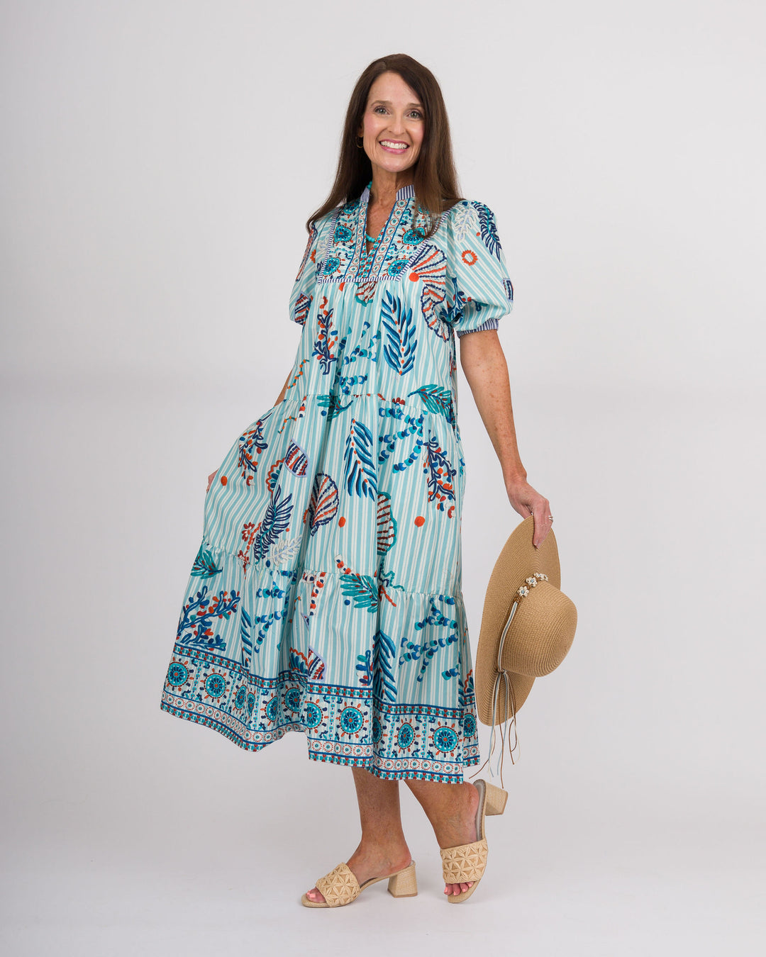 Blue Striped Aquatic Print Dress