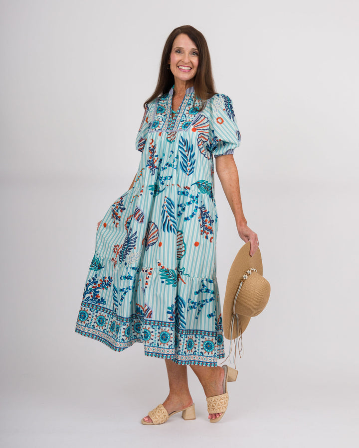 Blue Striped Aquatic Print Dress