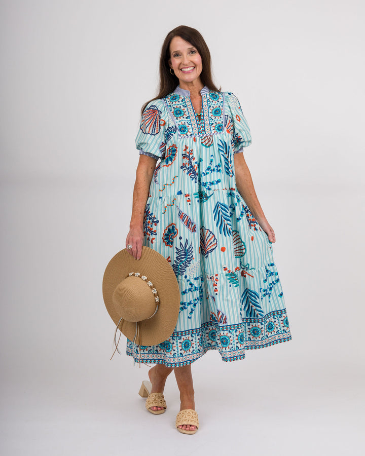 Blue Striped Aquatic Print Dress