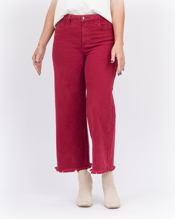 Risen Tummy Control Hi Rise Crop Wide Leg Fray Hem - Wine