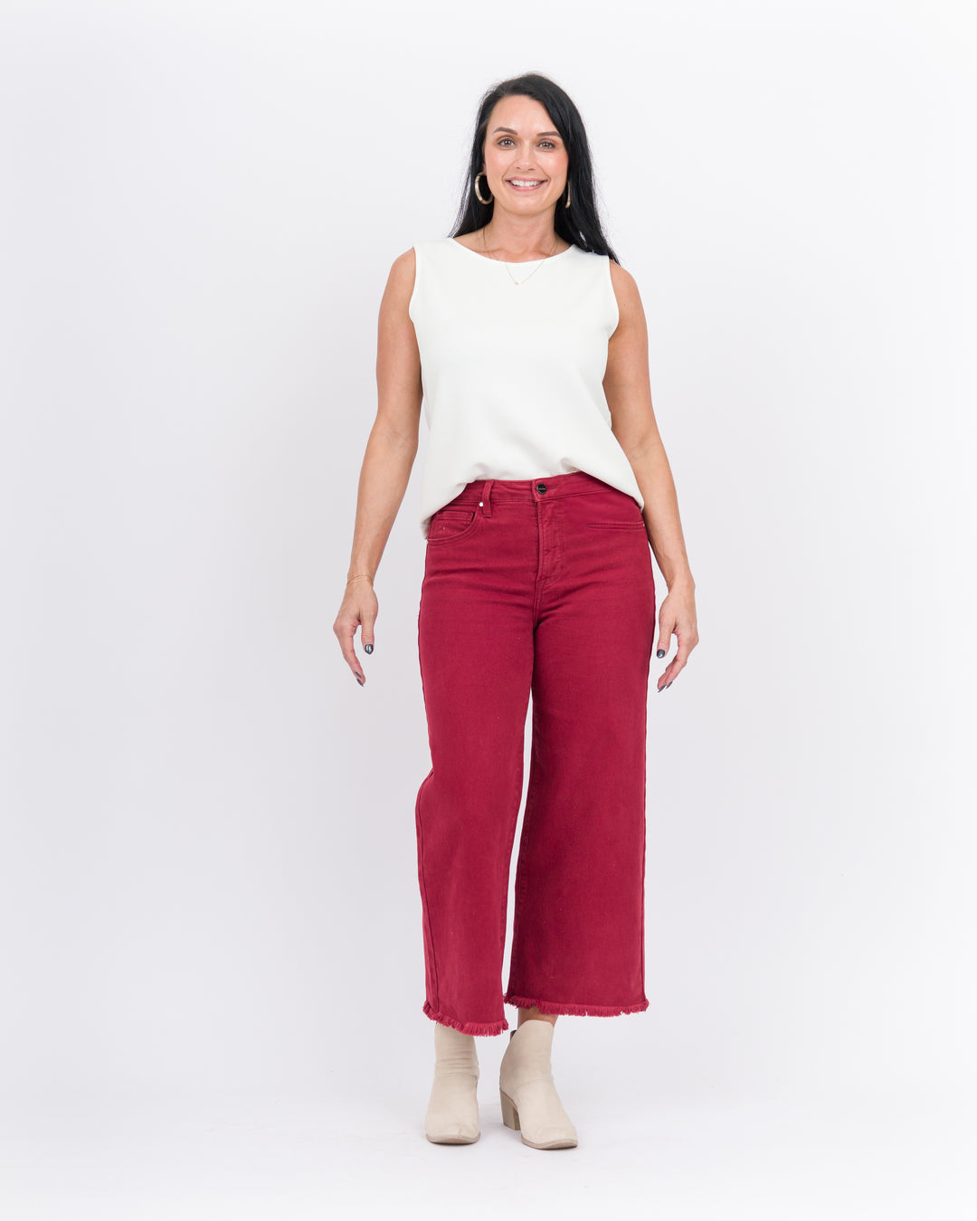 Risen Tummy Control Hi Rise Crop Wide Leg Fray Hem - Wine