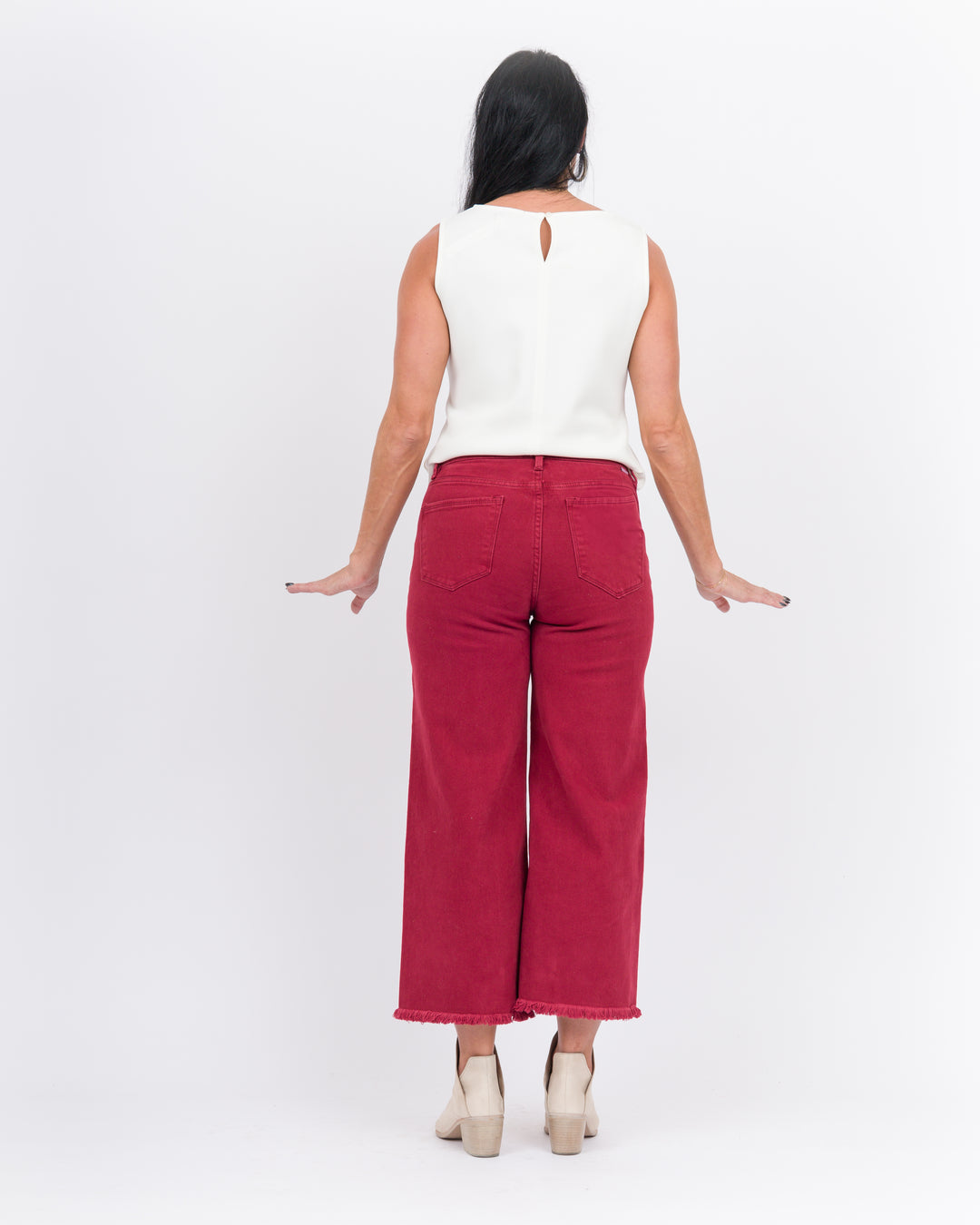 Risen Tummy Control Hi Rise Crop Wide Leg Fray Hem - Wine