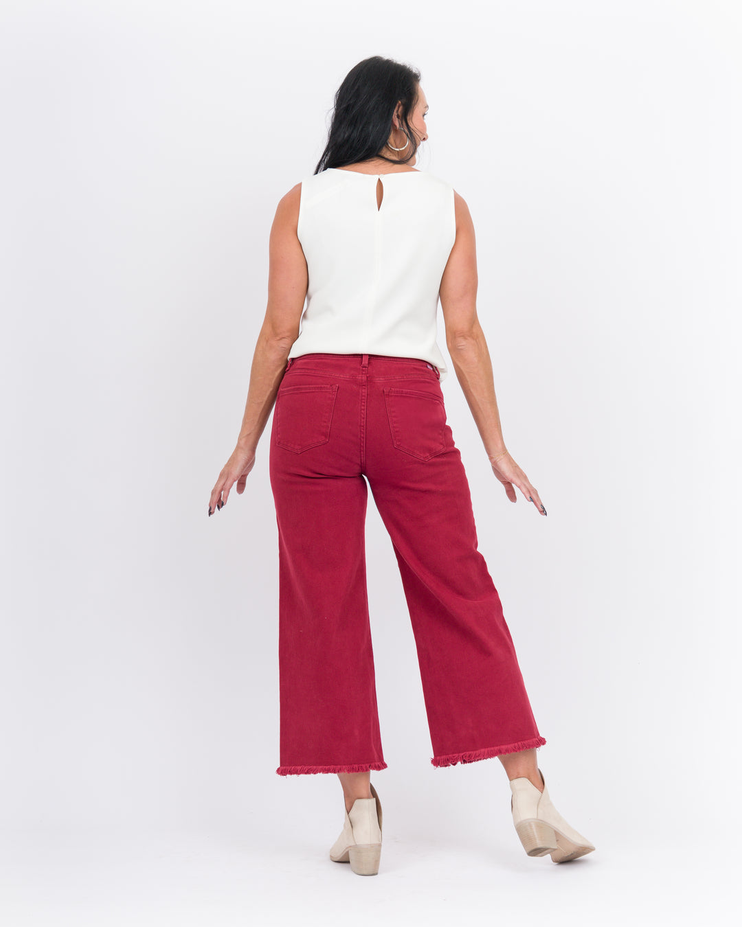 Risen Tummy Control Hi Rise Crop Wide Leg Fray Hem - Wine