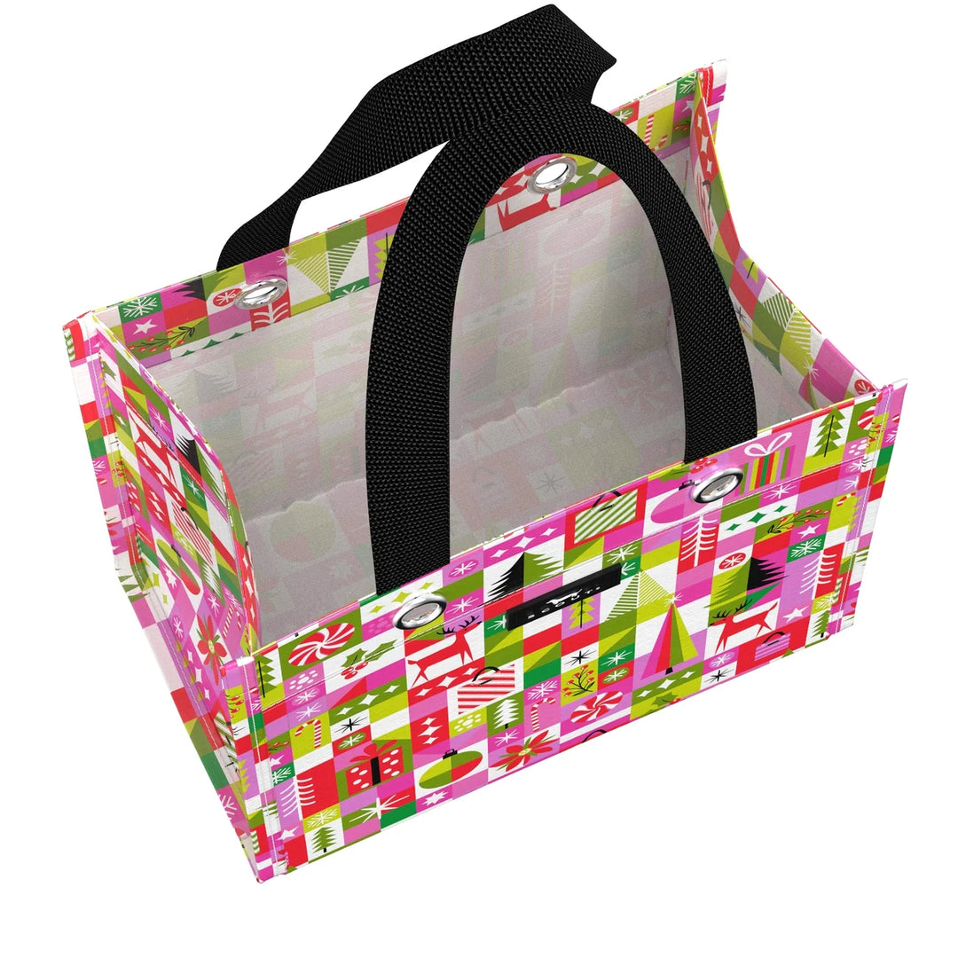 A rectangular tote bag with a colorful geometric patterned exterior, a light pink interior, and two black shoulder straps, shown on a plain white background.