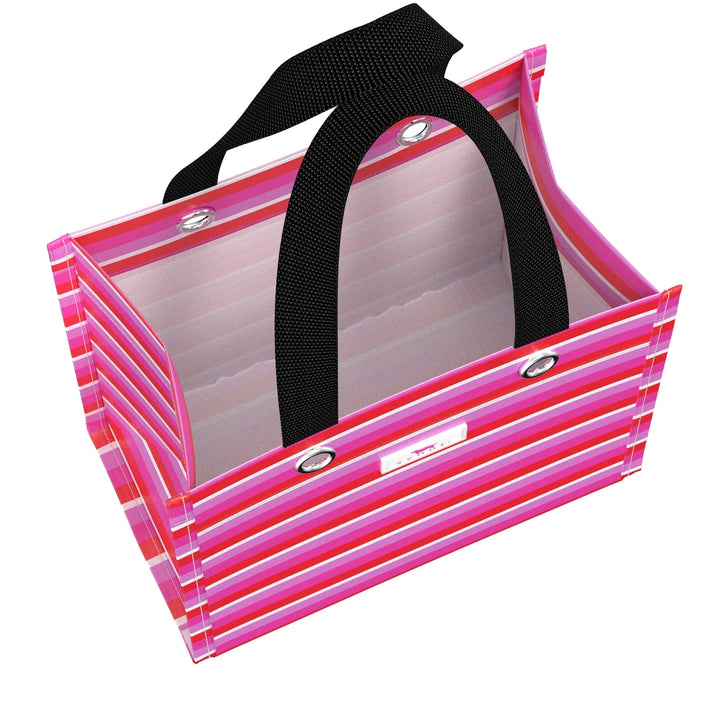 Pink tool chest with black handle on a white background