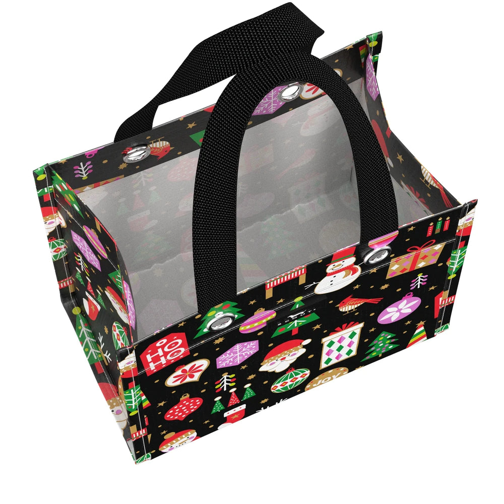 A clear plastic storage basket with a black handle, decorated with a colorful Christmas pattern featuring Santa Claus, snowman, candy canes, and ornaments on a black background.