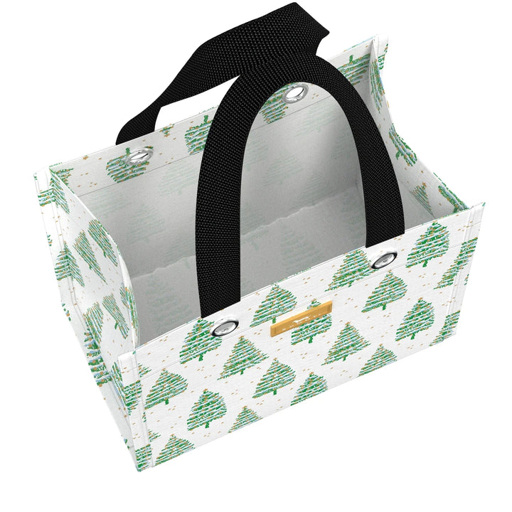Rectangular fabric basket with green tree pattern and black handles on a white background