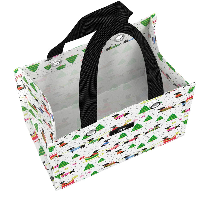 Patterned bag with black strap on a white background
