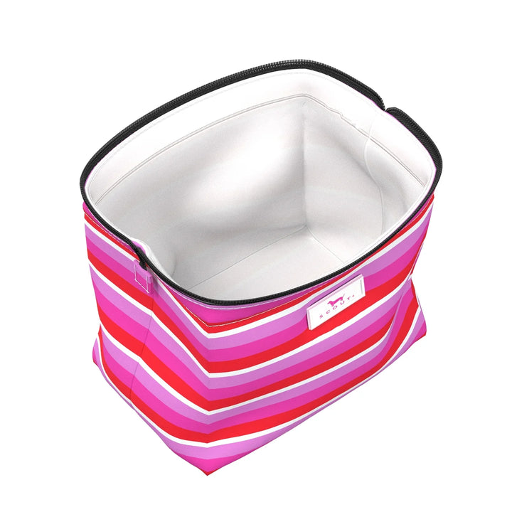 A square zippered cooler bag with a vibrant pink, red, and purple striped exterior and a white insulated interior, shown on a plain white background.