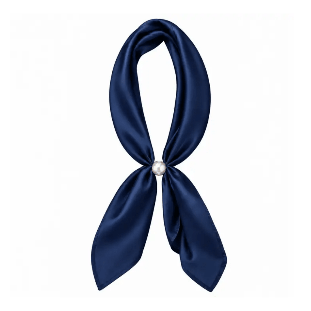 A navy blue satin neck scarf tied in a loop at the top and knotted at the bottom with a small white pearl accent, shown on a plain white background.
