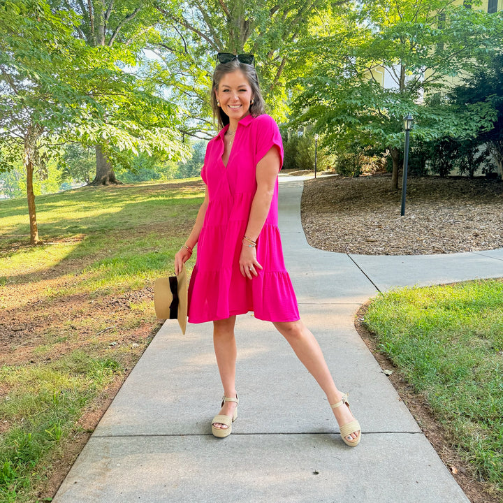 Tiered Collar Dress-Bright Pink