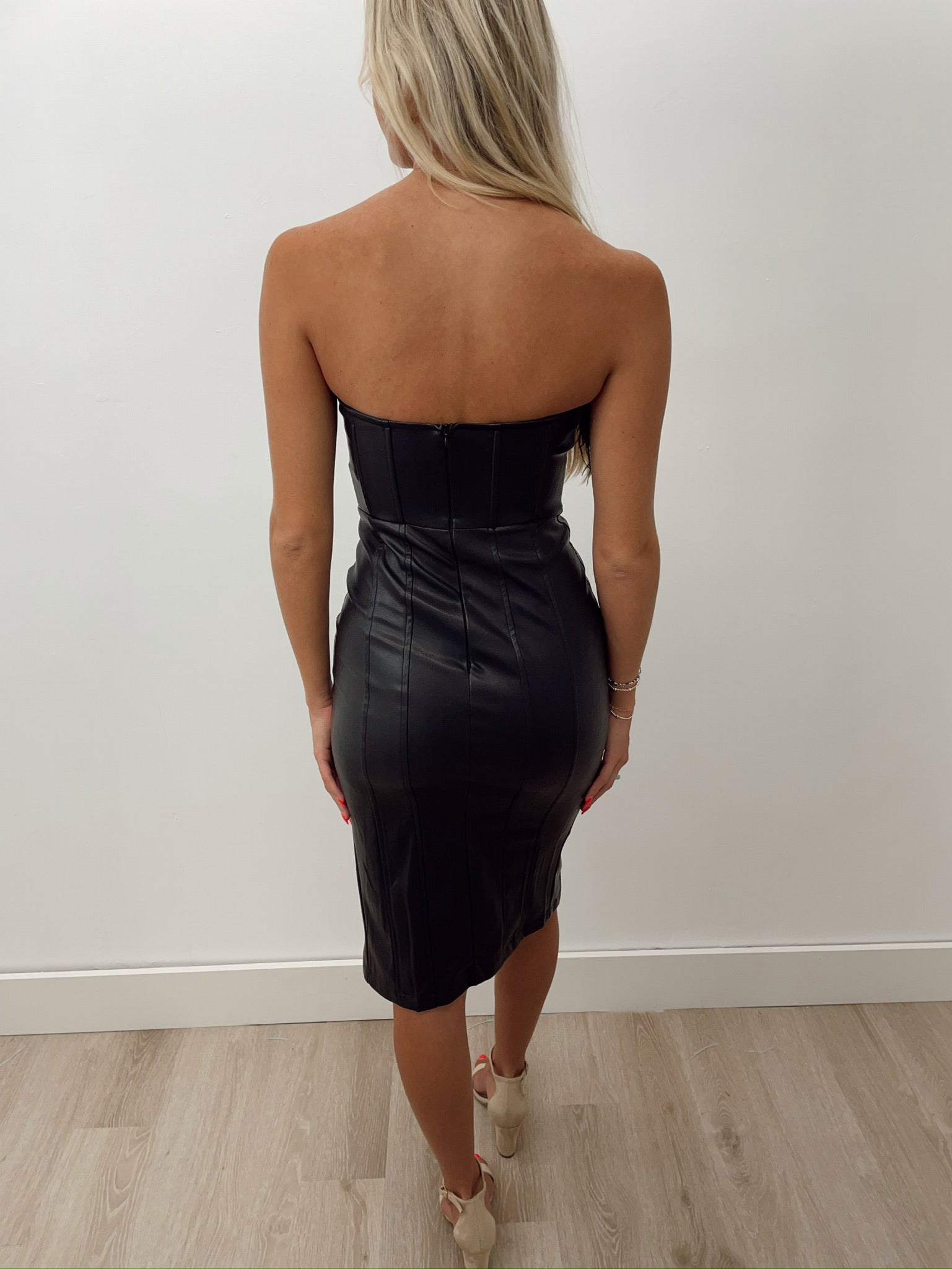 Feather Trimmed Pleather Dress