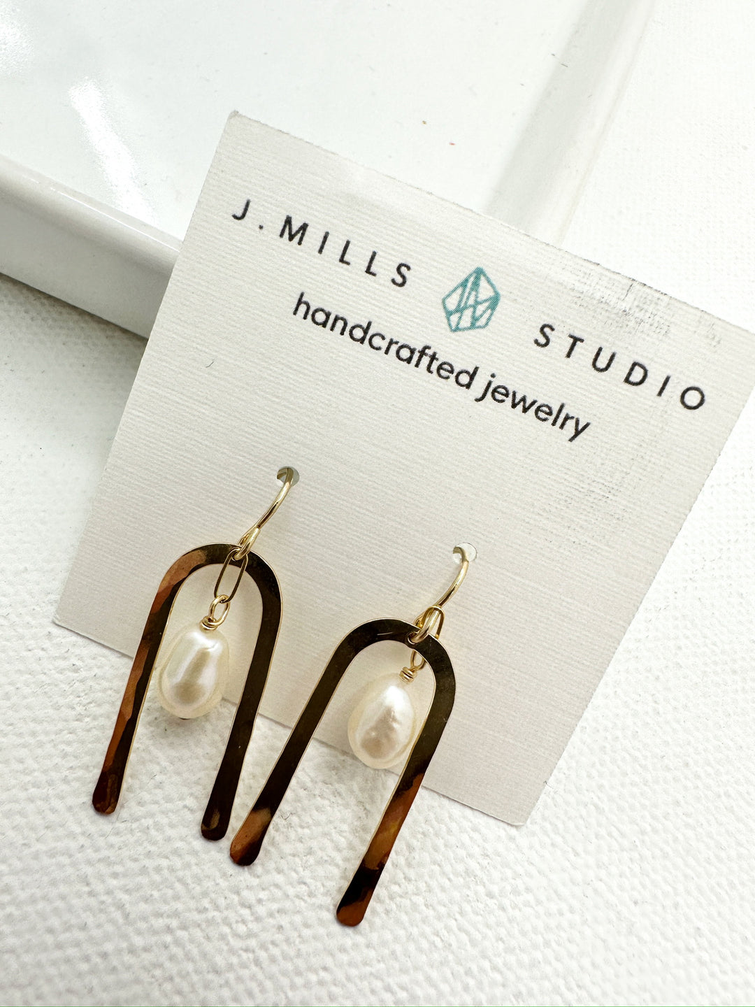 J.Mills Studio-Gold Forged Arch Earrings with Pearl Drop