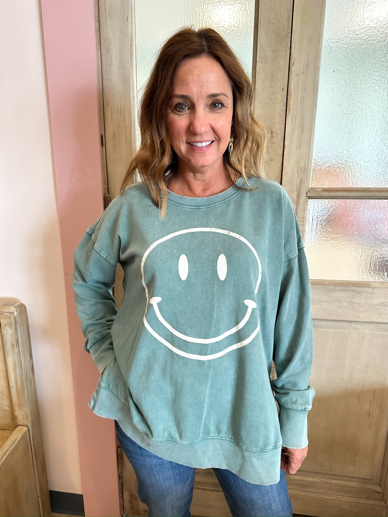 Smiley Face Washed Teal Sweatshirt