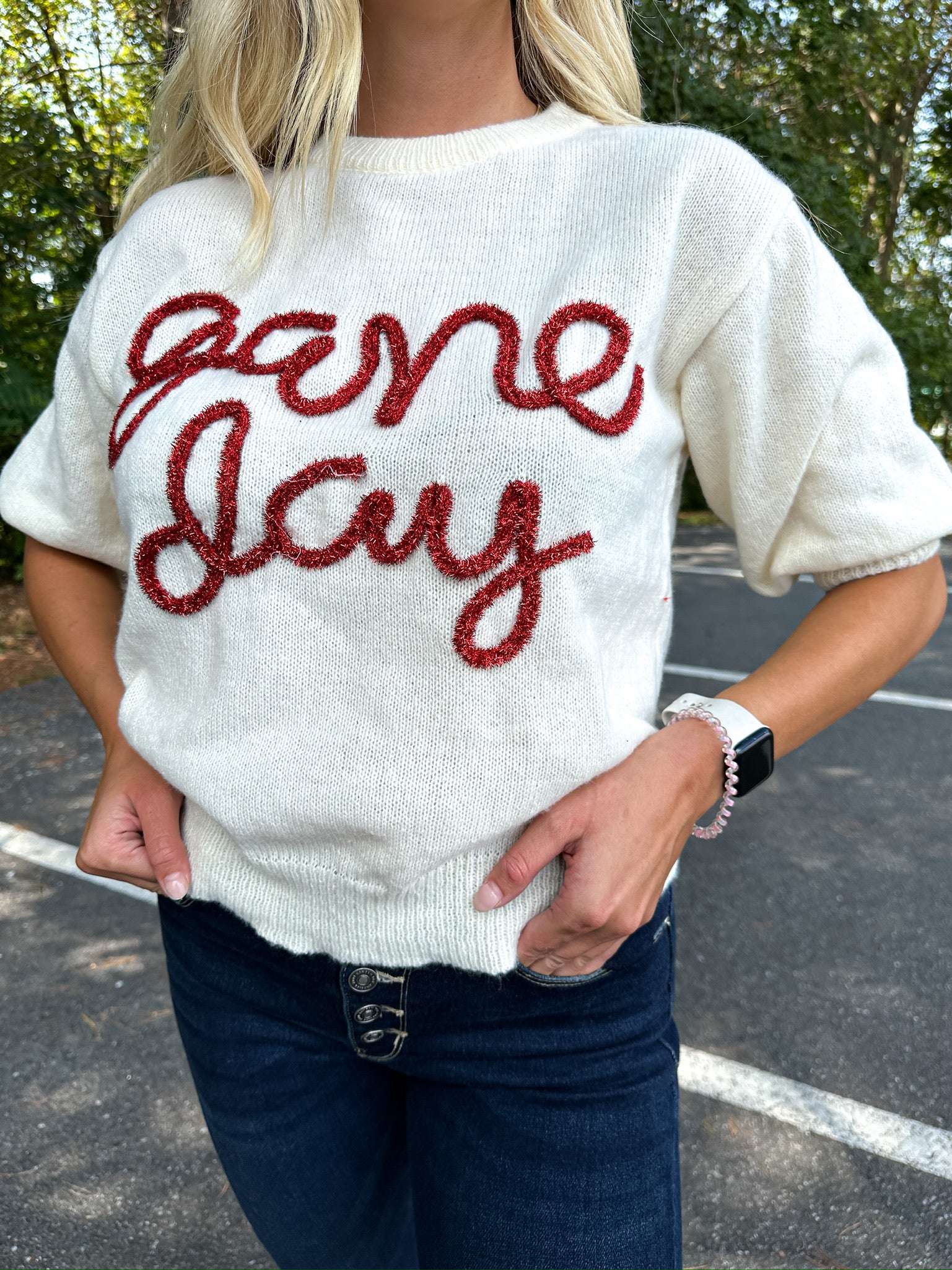 Game Day Sweater Ivory/Red