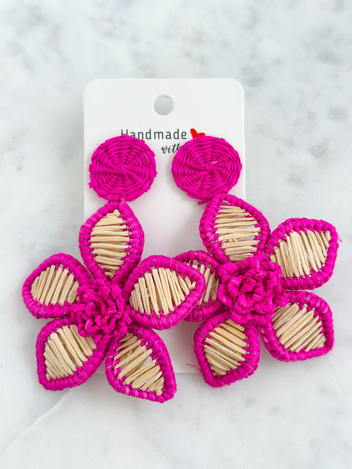 Handmade Natural Palm Earrings Dangle Flower-Pink