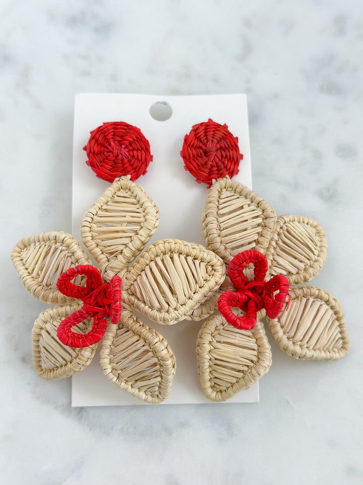 Handmade Natural Palm Earrings Flower with Red