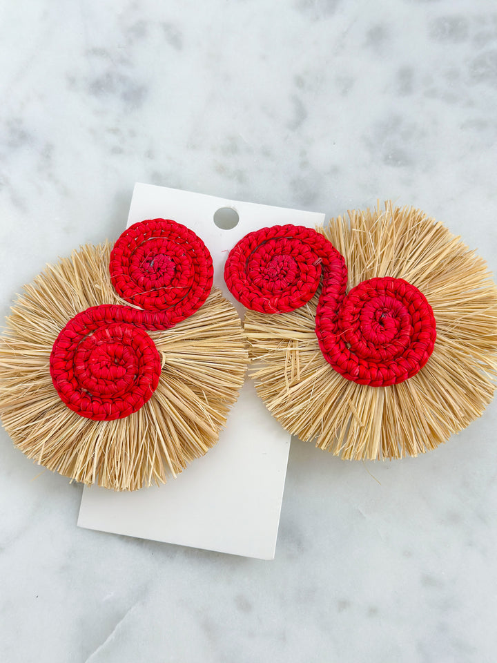 Handmade Natural Palm Earrings Circle with Red