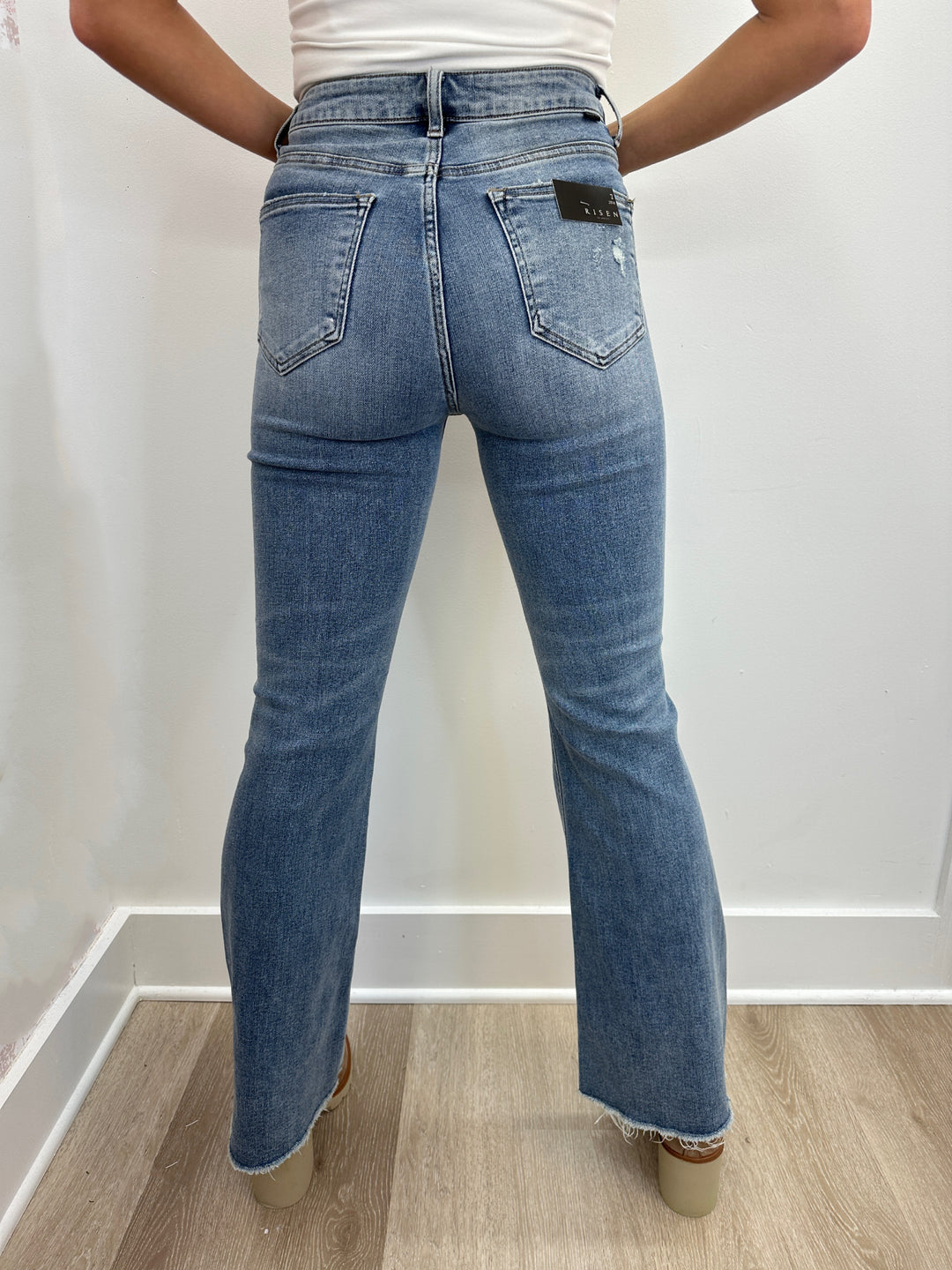 Risen High Rise Vintage Frayed Flare Jeans