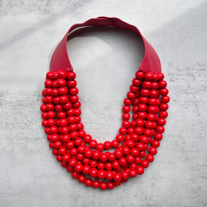 Multi Row Beaded Necklace - Red