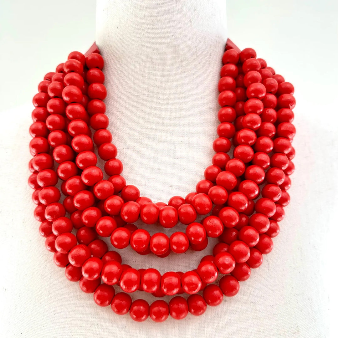 Multi Row Beaded Necklace - Red