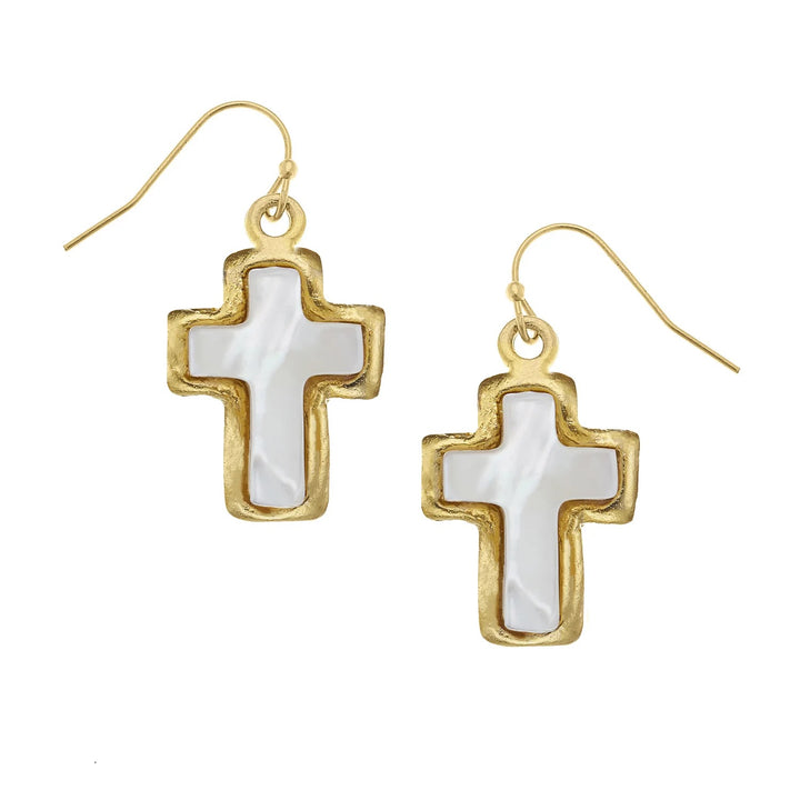 Susan Shaw Small Mother of Pearl Cross Earrings