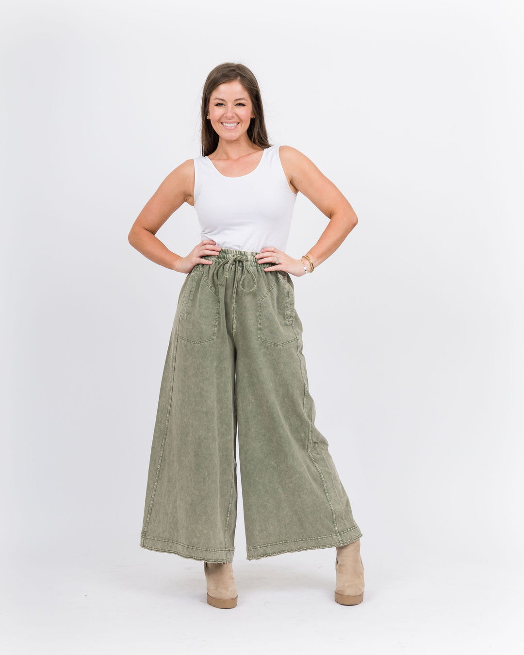 Dana Wide Leg Terry Pant - Olive