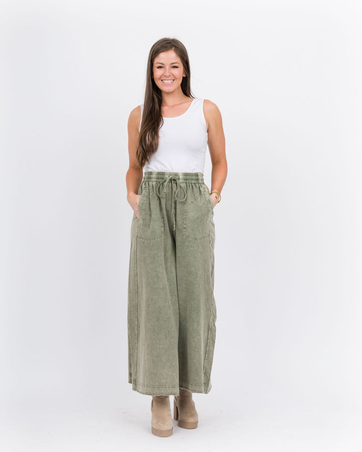 Dana Wide Leg Terry Pant - Olive