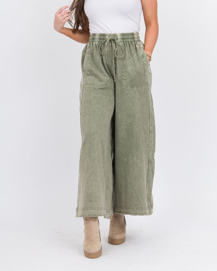 Dana Wide Leg Terry Pant - Olive