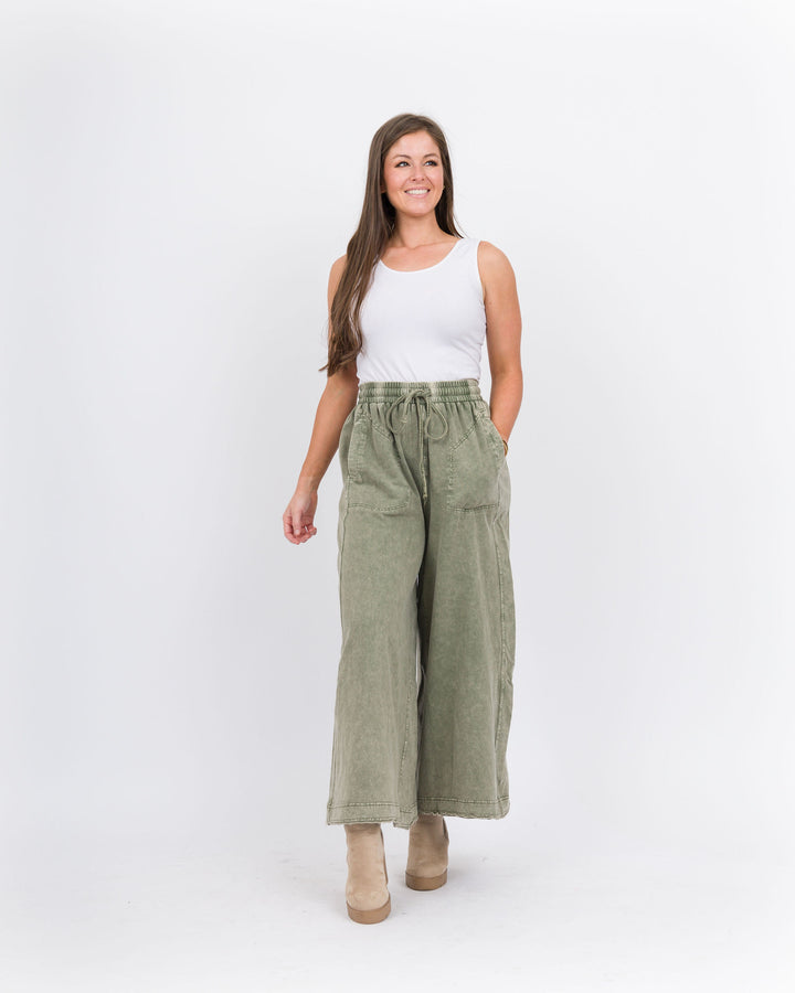 Dana Wide Leg Terry Pant - Olive