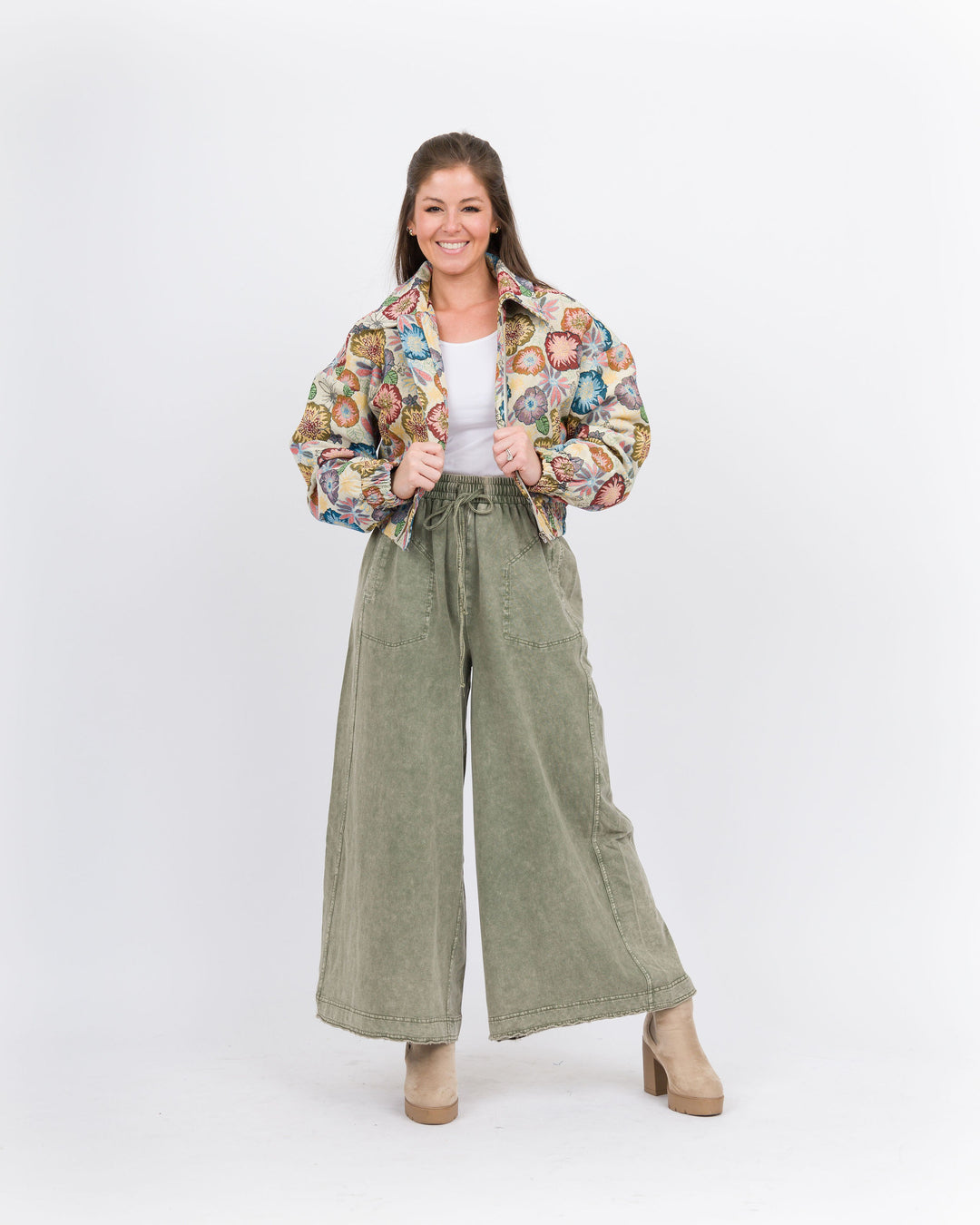 Dana Wide Leg Terry Pant - Olive