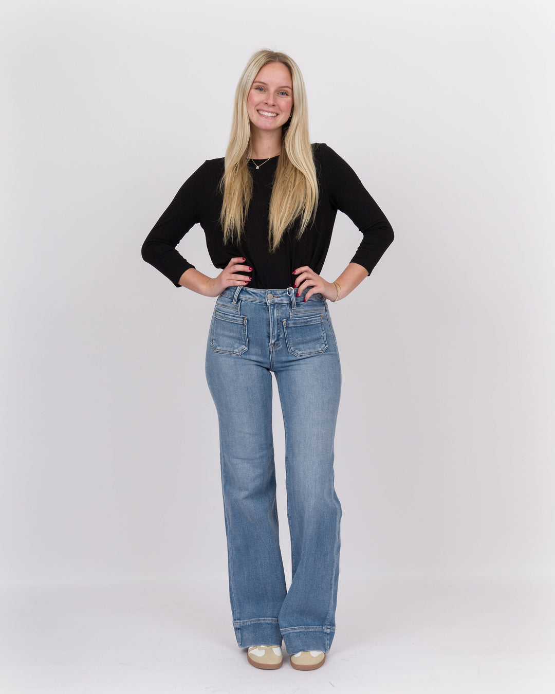 Risen High Rise Wide Flare Patch Pocket Jeans Medium