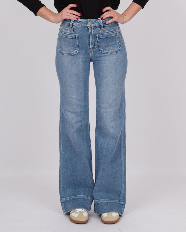 Risen High Rise Wide Flare Patch Pocket Jeans Medium