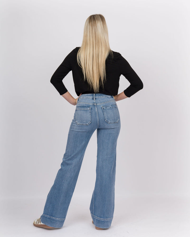 Risen High Rise Wide Flare Patch Pocket Jeans Medium