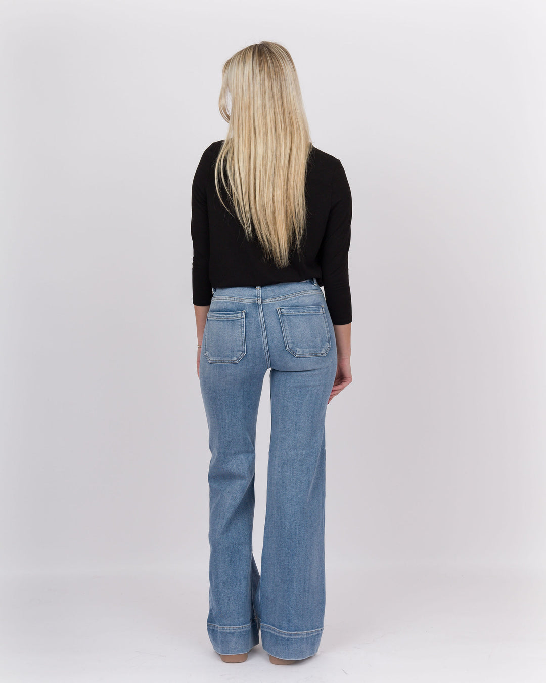 Risen High Rise Wide Flare Patch Pocket Jeans Medium