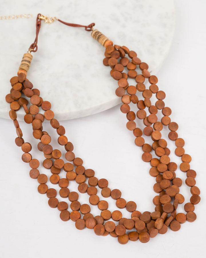 Wood Leather Necklace 4 Strands