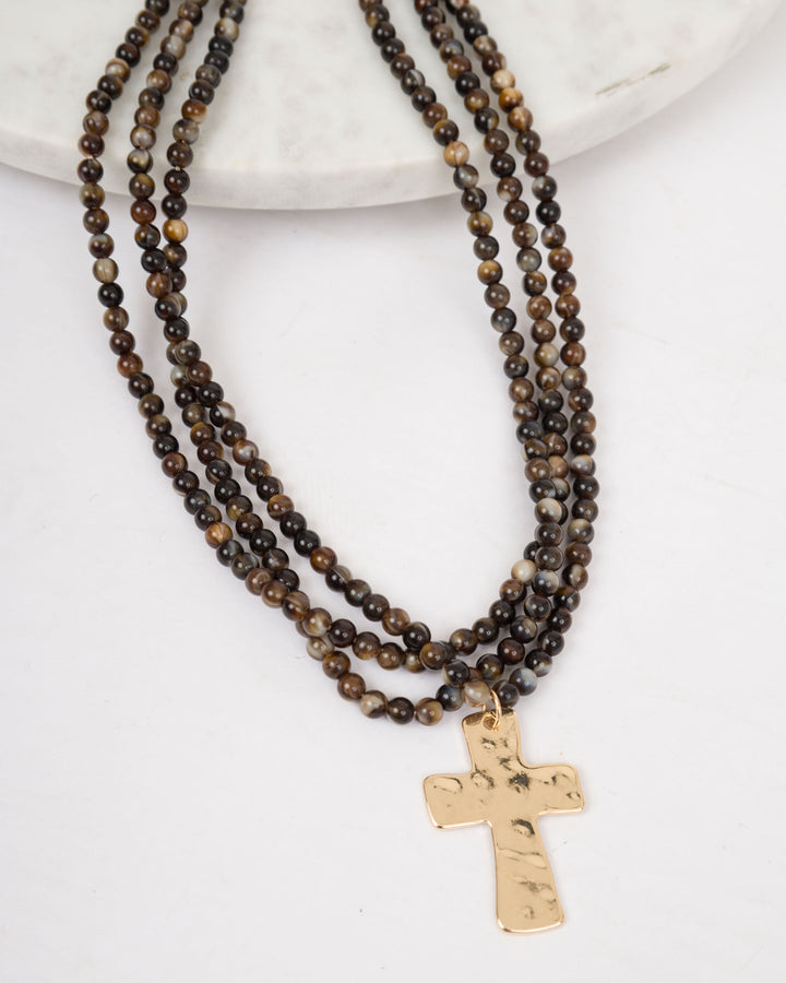 Resin Bead Cross Layered Necklace - Brown