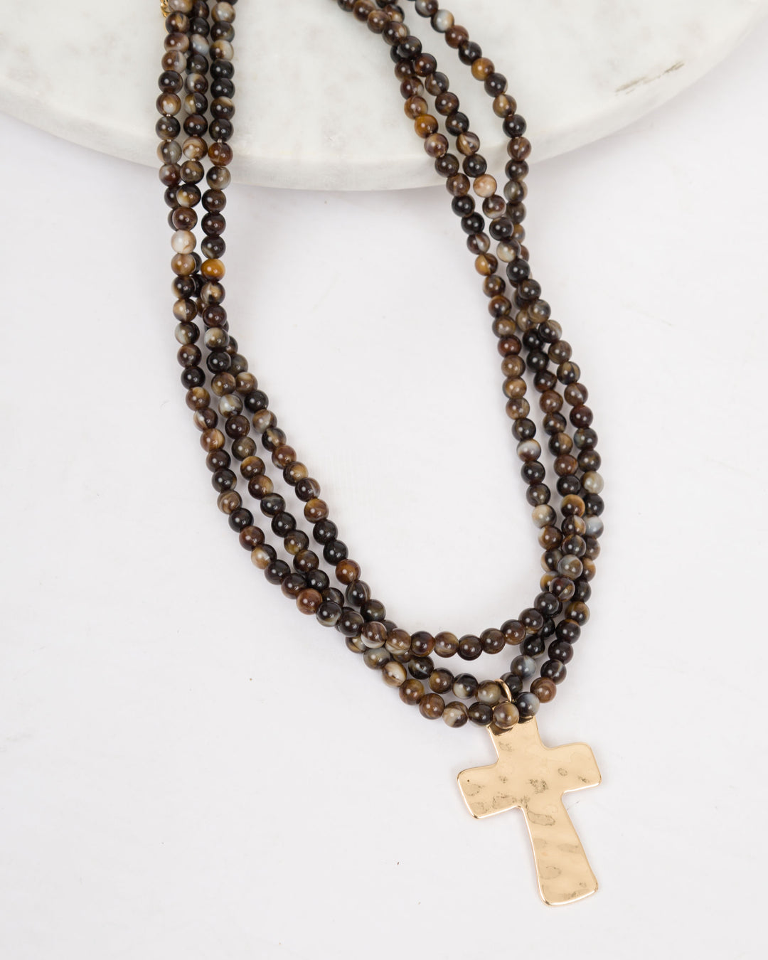 Resin Bead Cross Layered Necklace - Brown