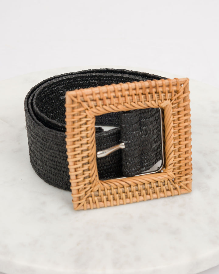 Large Square Buckle Straw Belt - Black