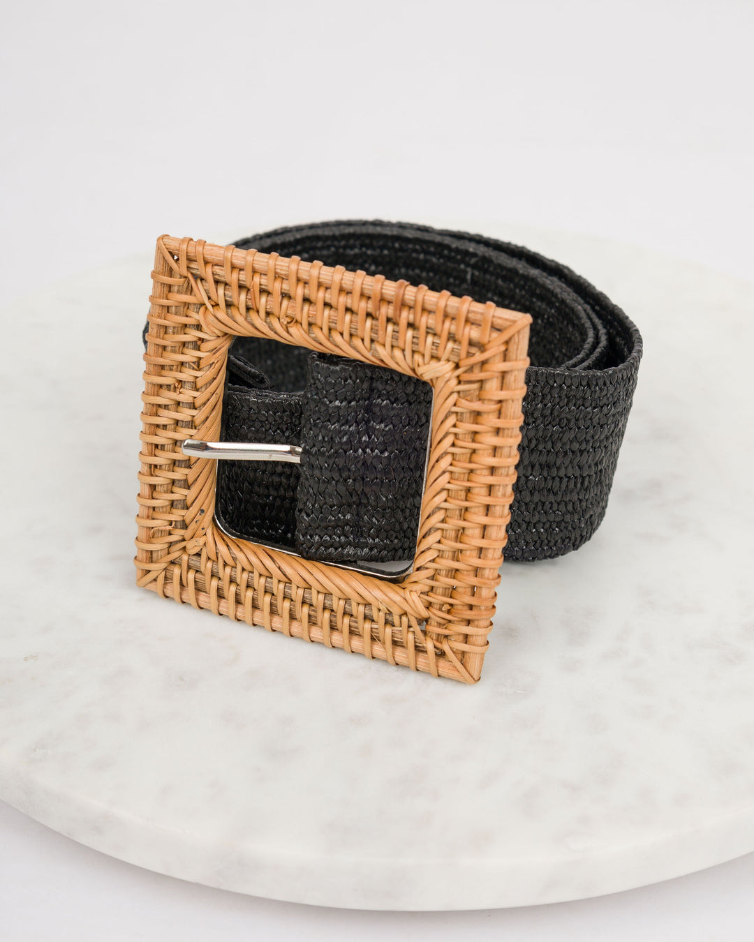 Large Square Buckle Straw Belt - Black