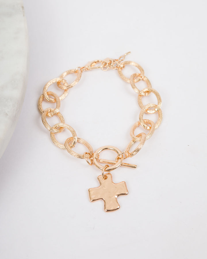 Textured Oval Chunky Bracelet with Cross - Gold